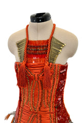 Iconic Spring 2011 Gucci by Frida Giannini Runway Look 41 Burnt Orange Silk Cord, Brass & Feather Dress