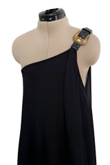 c. 2009 Alexander McQueen One Shoulder Black Knit Wrapped Dress w Buckle Detail