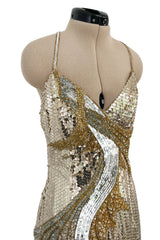 Incredible 1970s Loris Azzaro Densely Covered Gold & Silver Sequin, Bead & Silk Chiffon Dress