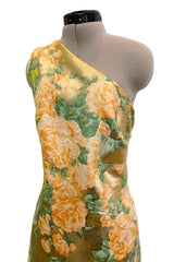 Incredible Spring 1993 Yves Saint Laurent One Shoulder Gold Floral & Peach Dress