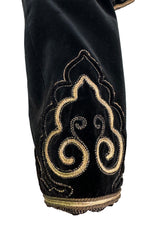 Fantastic 1970s Yves Saint Laurent Cropped Boc Cut Black Velvet Jacket w Metallic Gold Cord Detailing