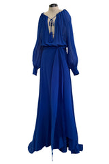 Superb Spring 2013 Yves Saint Laurent Hedi Slimane Debut Runway Blue Dress Silk Chiffon w Matching Cape & Sash