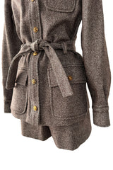 Best 1970s Valentino Four Pocket Tie Belt Jacket w Tailored Shorts Set & Gold V Logo Buttons