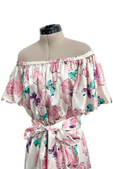 Dreamy Spring 1987 Yves Saint Laurent Off Shoulder Pink Feather & Bow Print Silk Dress