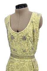 Prettiest Early 1960s Malcolm Starr by Elinor Simmons Hand Beaded Pale Yellow Silk Dress