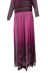 Stunning 1970s Bill Gibb Deep Purple Fuchsia Silk Chiffon & Glitter Dress w Deep Front & Back Plunge