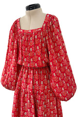 Prettiest 1970s Hanae Mori Red Print Light Silk Dress w Full Balloon Sleeves & Tiered Skirt