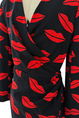 Iconic Spring 2014 Saint Laurent by Heidi Slimane Black & Red Lip Print Silk Wrap Dress