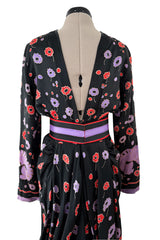 Rare Spring 1979 Chloe by Karl Lagerfeld Floral & Stripe Print Silk Dress w Matching Striped Belt