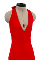 Amazing 1970s Halston Red Jersey Halter Neck Jumpsuit w Open Bare Back & Ultra Wide Legs