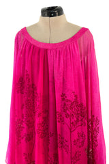 Dreamy 1970s Hanae Mori Pink Layered Bias Cut Silk Chiffon Caftan Dress w Floral Print