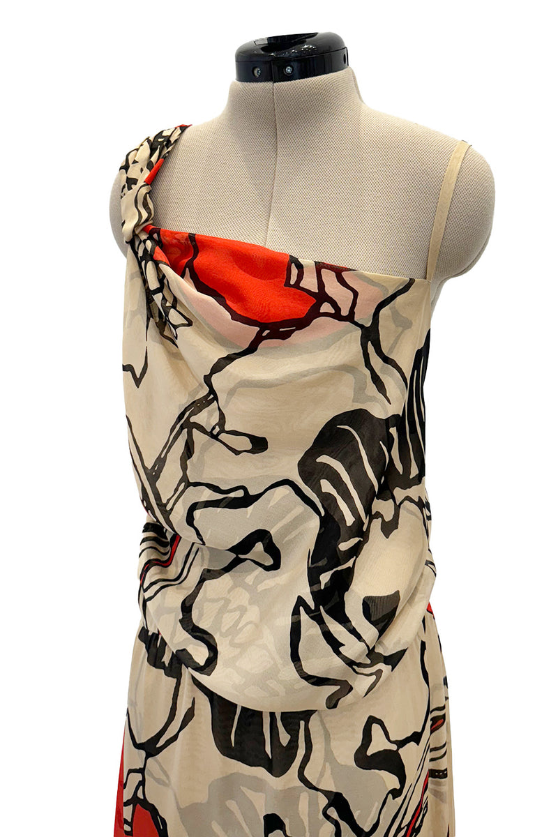 Gorgeous Early 2000s Valentino Roma Bias Cut Floral Print Dress w Bright Pops of Coral Red