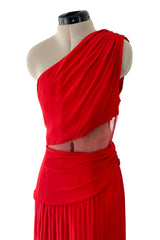 Fantastic 1980s Valentino Red Silk One Shoulder Dress w Net Inset & Finely Pleated Ruffled Skirt