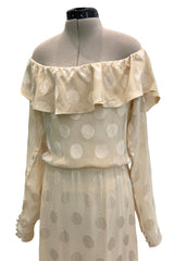 Amazing Fall 1973 Yves Saint Laurent Haute Couture Runway Off Shoulder Ivory Dress w Hand Applied Dots