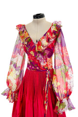 1972 Yves Saint Laurent Red Floral Silk Chiffon & Red Silk Dress w Balloon Sleeves & Pleat Detailing
