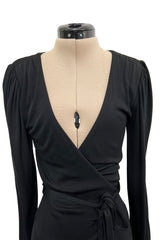 Incredibly Rare 1970s Holly’s Harp Bias Cut Black Jersey Dress w Crossed over Plunging Front