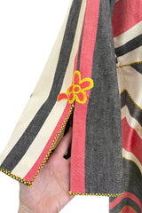 Fabulous 1960s Josefa Hand Muted Charcoal & Coral Cotton Caftan w Hand Embroidered Details