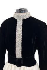 Early 1960s Harvey Berin Black Velvet & Ivory Silk Skirted Dress w Sparkling Beaded Detailing