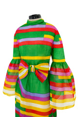 Spectacular 1968 Bill Blass Bright Striped Silk Organza Dress w Original Bow Belt & Bell Sleeves