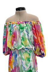 Prettiest 1970s Leonard Washed Floral Pastel Print Silk JerseyEasy -to-Wear Elastic Off Shoulder Dress