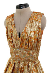 Incredible 1960s Unlabeled Gold Metallic Brocade Pouf Leg Jumpsuit w Gold Cord & Bead Detailing