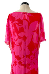 Dreamiest 1990s Yves Saint Laurent Oversized Floral Print Pink & Red Silk Chiffon Caftan Dress
