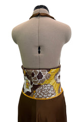 Phenomenal Spring 2005 Original Valentino Runway Look 56 Brown Yellow Floral Print Halter Dress w Sequin Waist Band