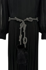 Gorgeous 1960s James Galanos Meticulously Pleated Black Silk Chiffon Dress w Elaborate Belt