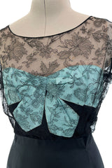Rare 1950s Irene Lentz Black Silk Taffeta Dress w Pale Blue Ribbon & Lace Illusion Bodice