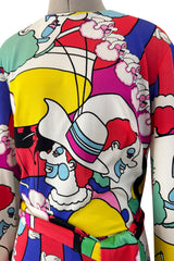 Incredible 1970s Lanvin by Jules-Francois Crahay Clown Print Wide Leg Jersey Jumpsuit