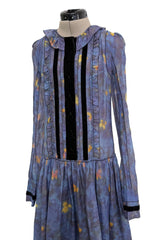 Prettiest 2000s Rochas by Olivier Theyskens Blue Silk Floral Watercolour Dress w Ruffles & Velvet Trim
