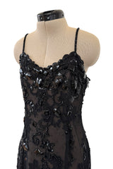 Incredible 1970s Christian Dior by Marc Bohan Demi-Couture Elaborately Beaded Black Lace Net Dress