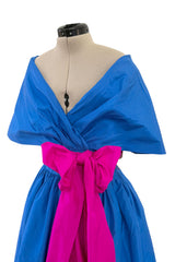 Prettiest 1980s Adele Simpson Blue Silk Plunge Wrap Dress w Brilliant Pink Sash & Caped Shoulders