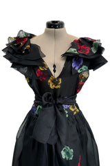 Spring 1981 Unlabeled Christian Dior Floral Print Silk Organza Dress w Ruffled Shoulders