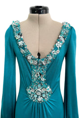 Stunning Spring 1971 Loris Azzaro Deep Turquoise Silk Jersey Dress w Densely Beaded Plunging Front Detail