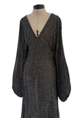 Fabulous 1970s Ossie Clark Metallic Silver & Black Lurex Knit Lame Plunge Dress
