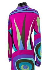 Bright 1960s Emilio Pucci Deep Fuchsia Pink & Primary Coloured Geometric Print Silk Jersey Dress