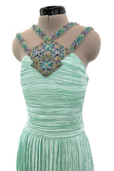 Incredible 1980s Mary McFadden Couture Pastel Teal Green Pleated Dress w Hand Beading