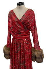 Incredible Fall 1979 Bill Blass Couture Red Silk Chiffon Dress w Gold Sequins & Mink Cuffs