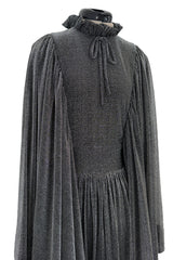 Spectacular 1970s Gina Fratini Metallic Deep Silver Lame Dress w Ruffle Collar & Angel Sleeves