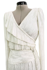 Stunning 1970s-80s Mary McFadden Couture White Pleated Dress w Attached Braided Belt