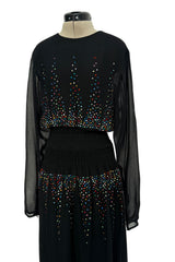 Spectacular 1970s Givenchy by Hubert de Givenchy Black Chiffon Dress w Colored Rhinestones