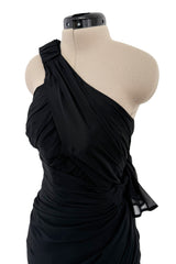 Incredible 1980s Thierry Mugler Black Layered Silk Chiffon One Shoulder Dress Flared Skirt Dress