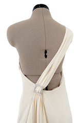 2010s Valentino Ivory Silk Crepe One Shoulder Dress w Draped Back & Rhinestone Buckle