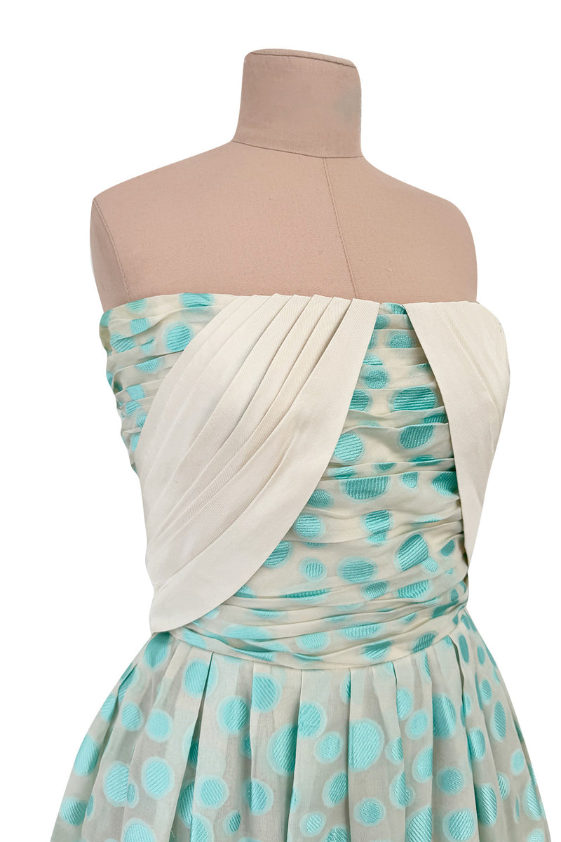 Dreamy Late 1960s Andre Laug Roma Alta Moda Couture Pale Turquoise Applied Dot Strapless Dress