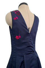c2014 Christian Dior by Raf Simons Blue Silk Faille Dress w Pink Floral Embroidery & Beads