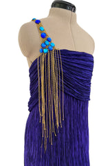 Fall 1982 Mary McFadden Purple Pleated Dress w Elaborate Beaded Gold Cord Shoulder