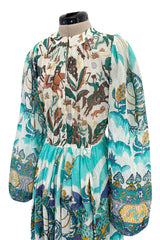 Rare 1971 Thea Porter Actual Book Piece Silk Cotton Gauze Dress w Sheila Hudson Horseman Print