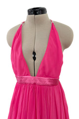 Recent Givenchy Vivid Silk Pink Chiffon Halter Dress w Completely Open Back & Multi Length Hem