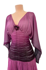 Rare 1970s Bill Gibb Deep Pink Ombre Hand Dyed Silk Chiffon Dress w Fused Glitter Detailing